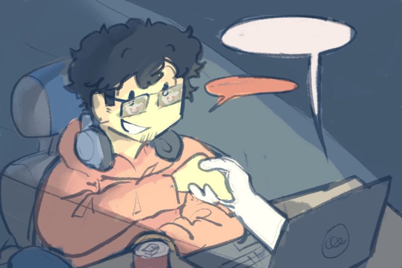 An illustration of a student on their laptop, speaking to the screen as an ominous white hand comes out of the screen.