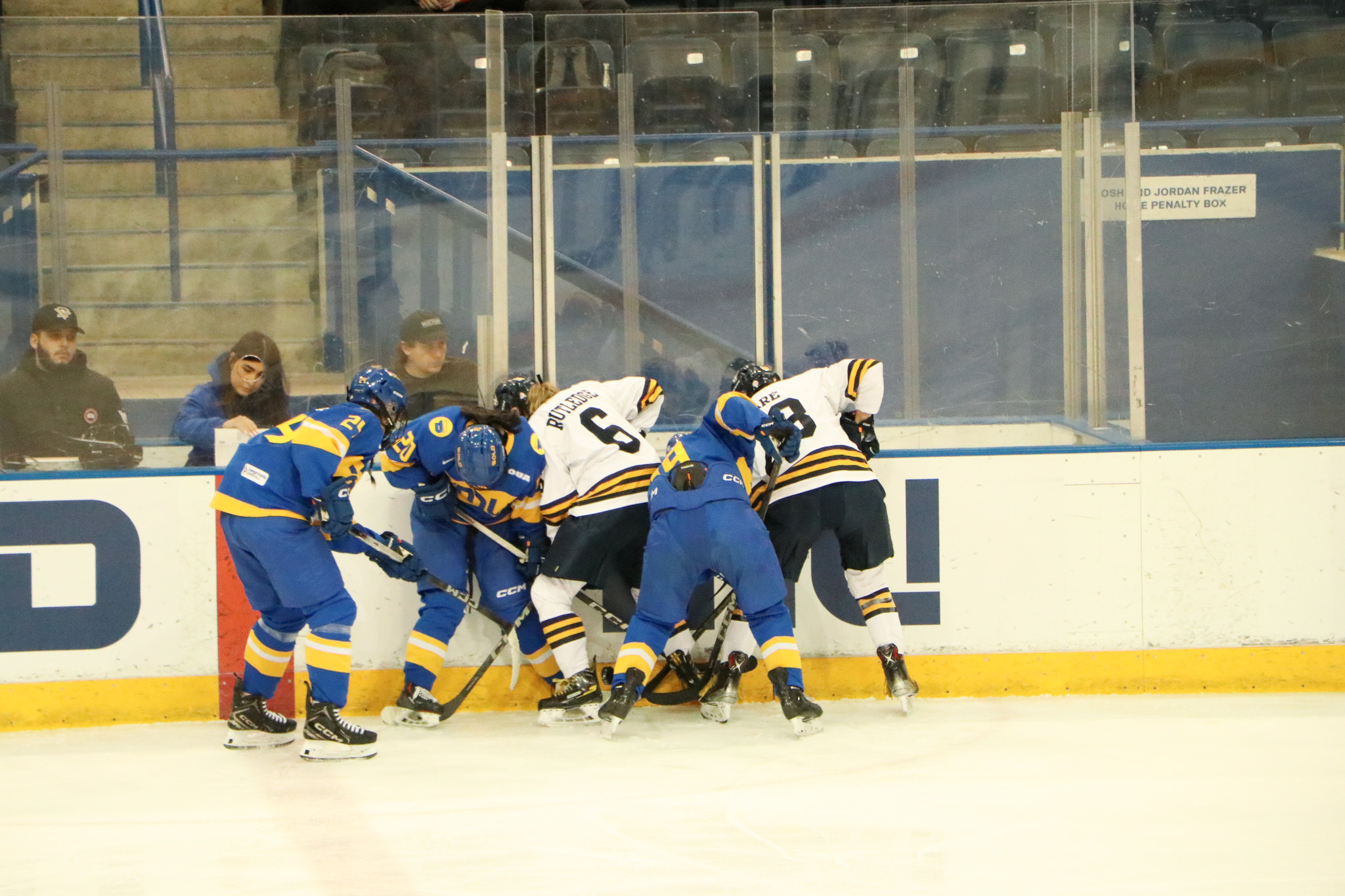 Windsor and TMU fight for puck possession against the boards