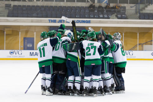 Nipissing celebrates their overtime victory 