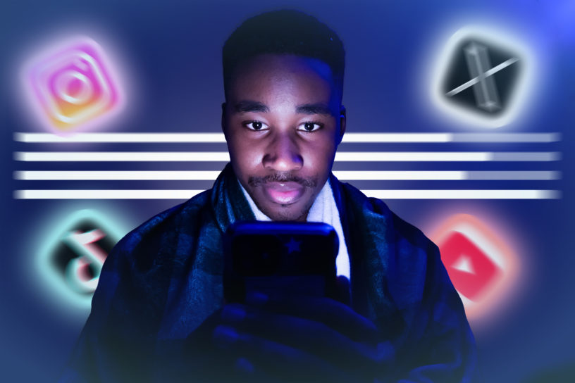 Image of a person facing forward looking at their phone screen with app logos spread out in the background.