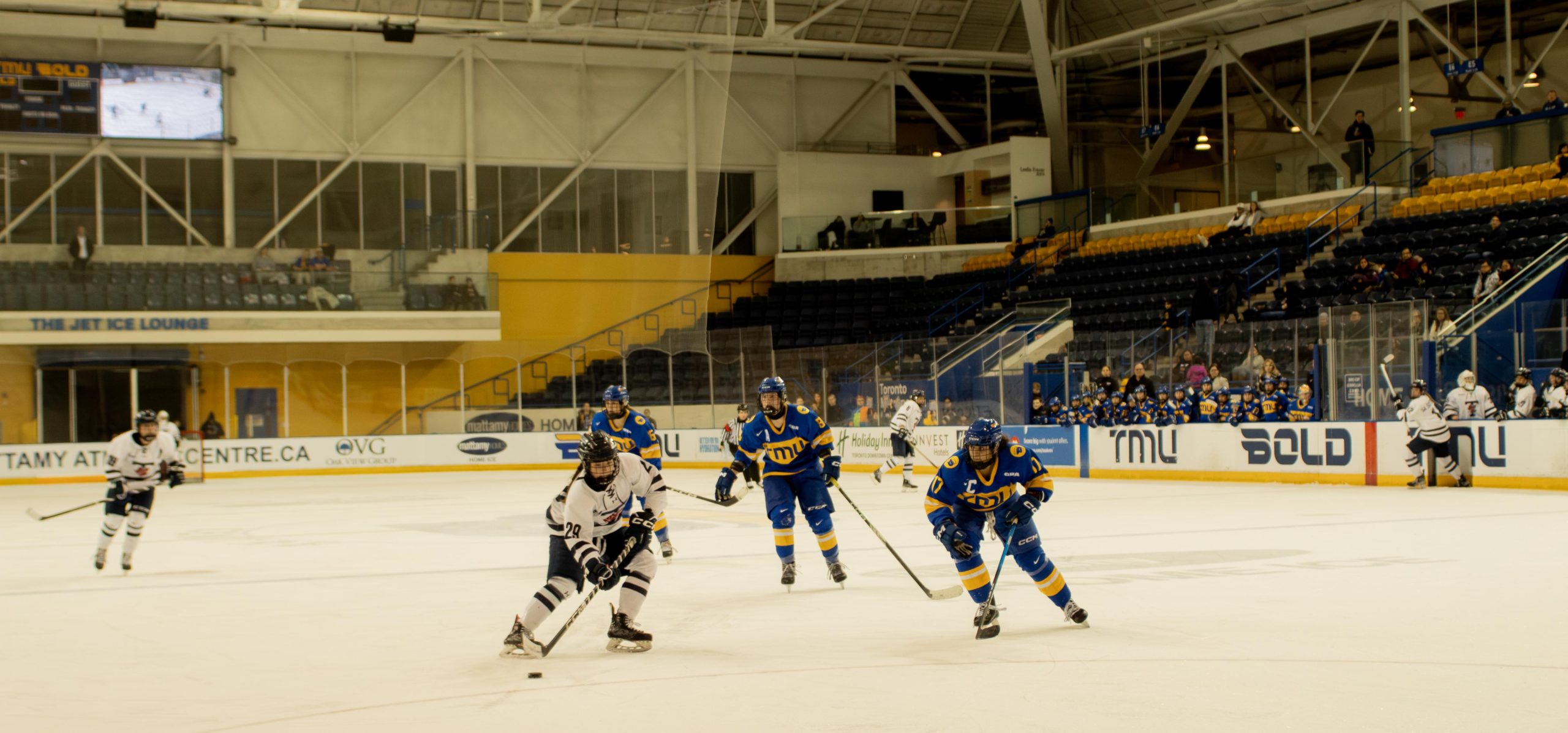 TMU tries to gain possession of the puck