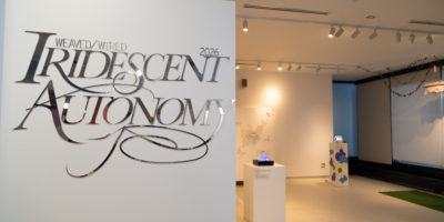A sign that reads "Weaved/Wired Iridescent Autonomy" with the exhibit in the background