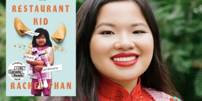 A portrait of author Rachel Phan, with the cover of her book Restaurant Kid composited beside her