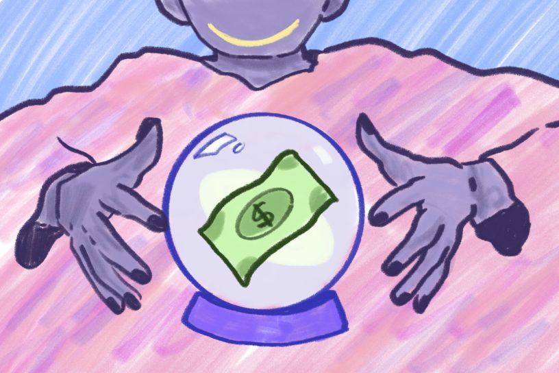 An illustration of a character reading a crystal ball, with money being shown within it.
