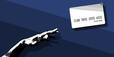 A graphic of a black and white hand reaching towards a white credit card on top of a blue background.