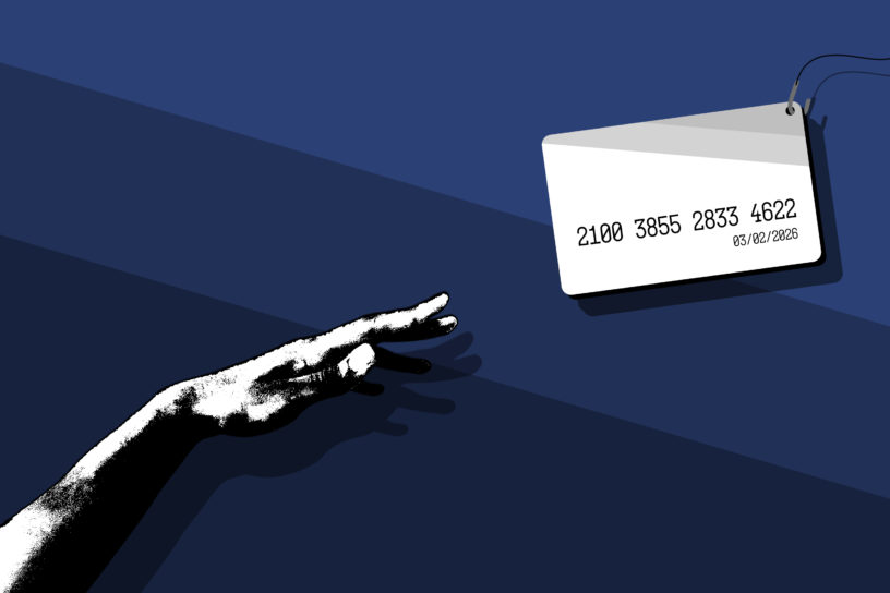 A graphic of a black and white hand reaching towards a white credit card on top of a blue background.