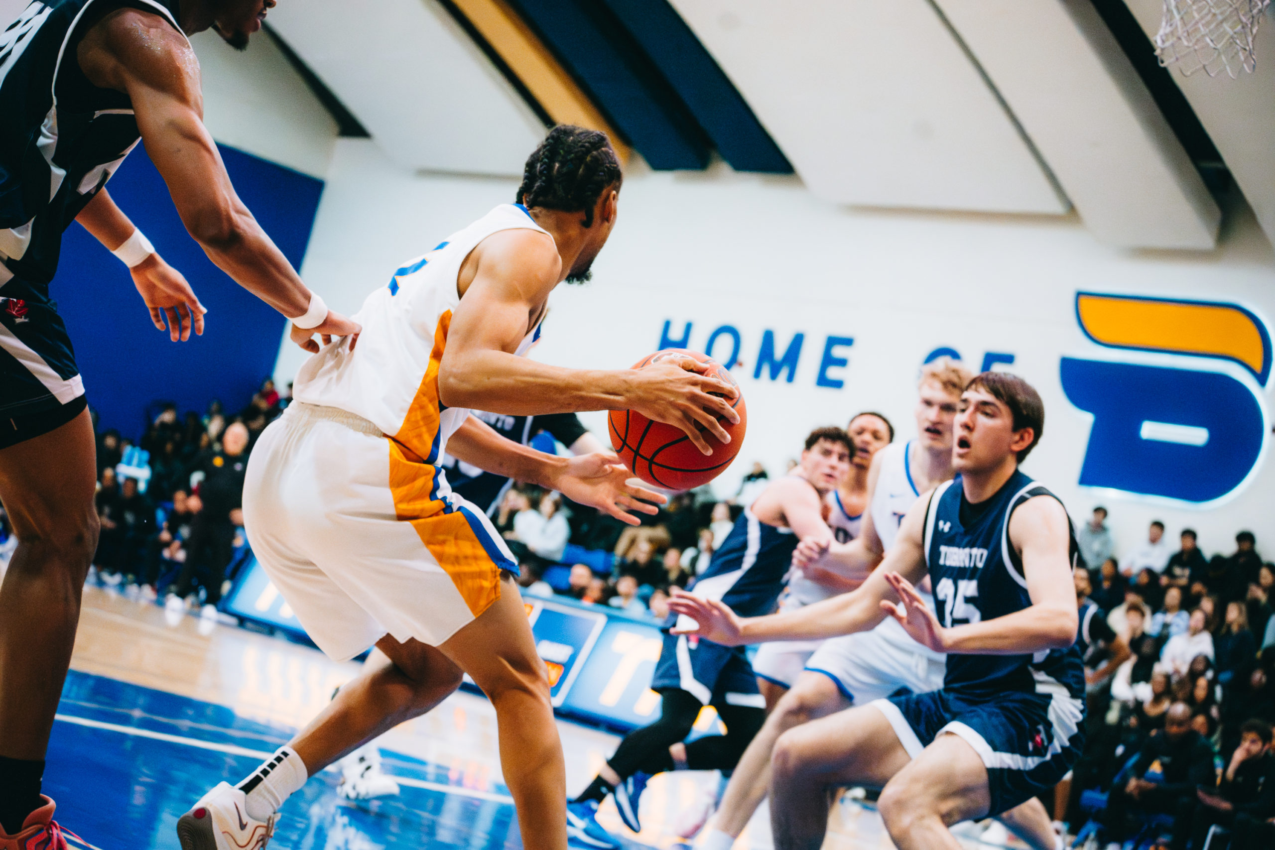 A TMU basketball player maintains possession while eyeing U of T defenders