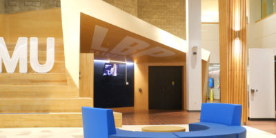 The inside of TMU's Medical School building, in the lobby.