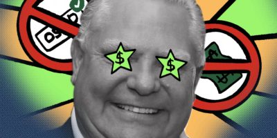 An image of politician Doug Ford with green stars and the symbol for money in his eyes.