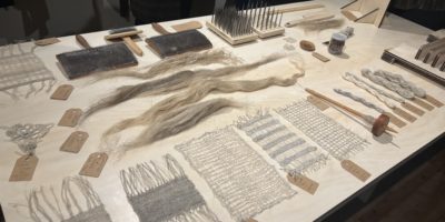 Linen fabric samples and tools for making linen from flax at The Flax Project exhibition.