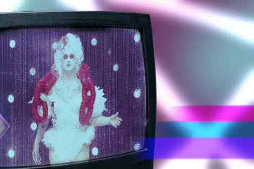 A vintage looking television features a brightened image of drag queen Van Goth
