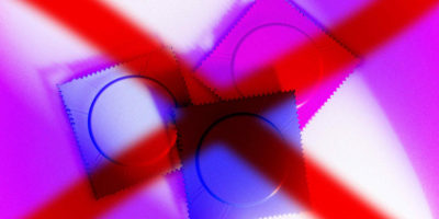 3D rendered image of three condom packages with a large X through them.