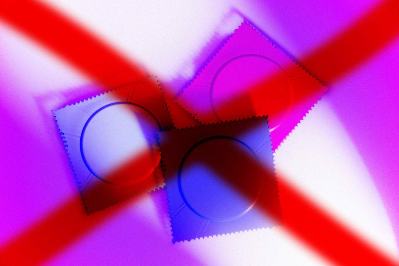 3D rendered image of three condom packages with a large X through them.