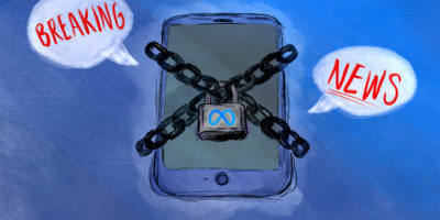 Illustration of a phone with chains and a lock on top of it. The lock has the meta logo on it and there are speech bubbles with the words "BREAKING" and "NEWS" around the phone, the background is blue.