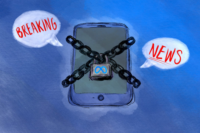 Illustration of a phone with chains and a lock on top of it. The lock has the meta logo on it and there are speech bubbles with the words "BREAKING" and "NEWS" around the phone, the background is blue.