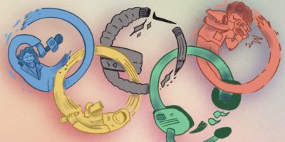An illustration of the Olympics logo, five colourful circles, edited with elements of different careers relating to the Olympics such as sports journalist, sport wear designer, or technician.