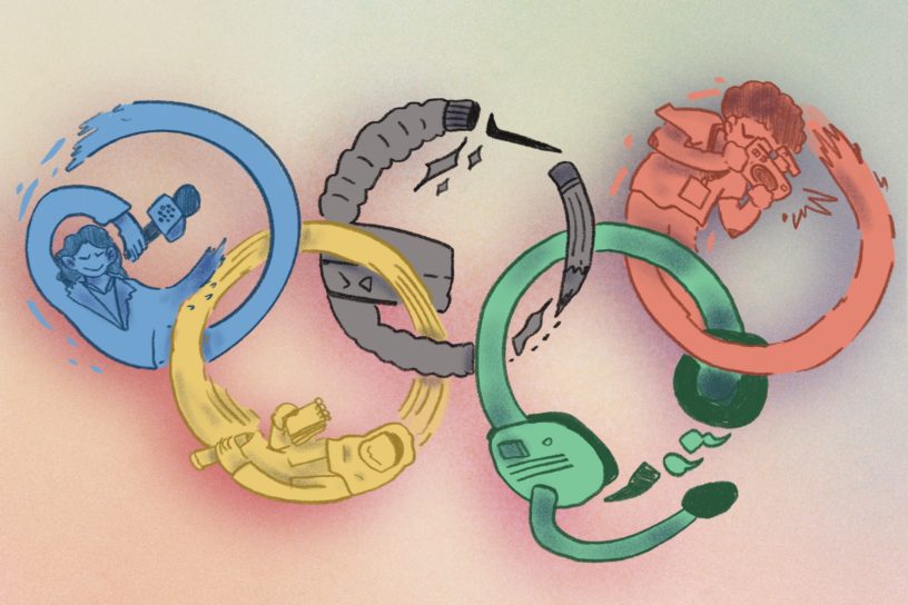An illustration of the Olympics logo, five colourful circles, edited with elements of different careers relating to the Olympics such as sports journalist, sport wear designer, or technician.