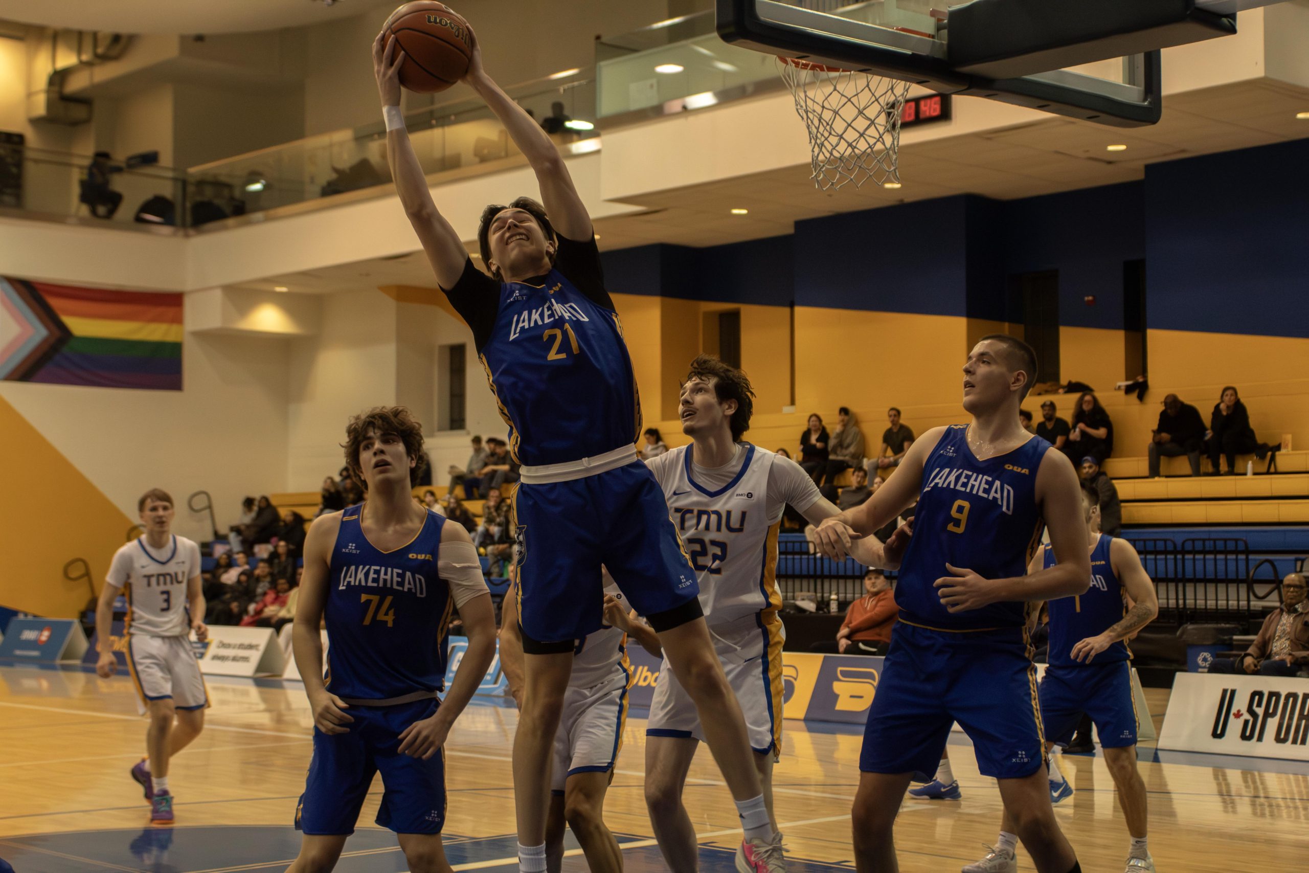 Lakehead men's basketball player rebounds the ball at the Mattamy Athletic Centre