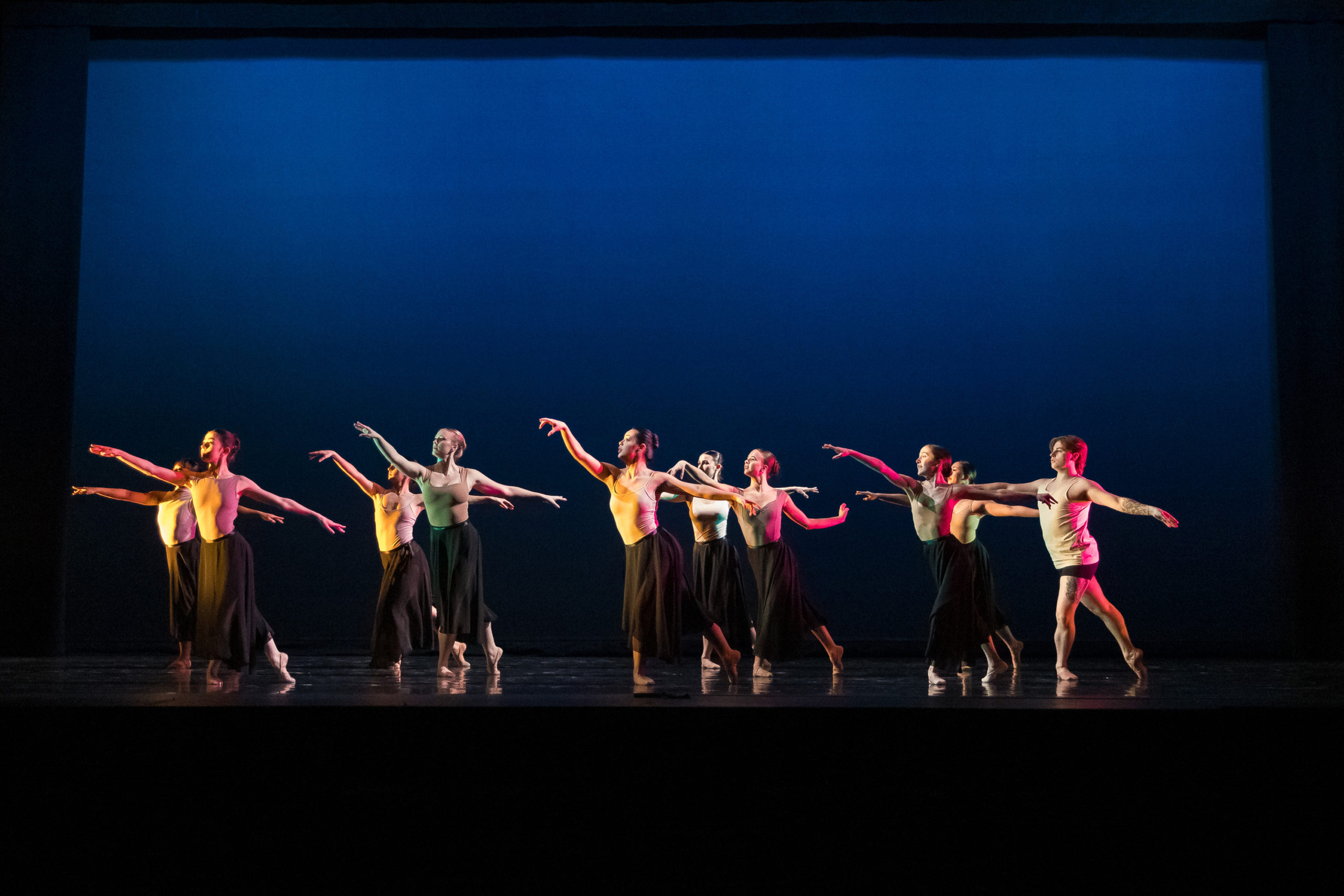 A group of dancers performing ballet together in lines in front of a blue background.