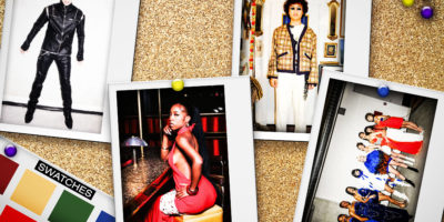 A illustration of four polaroid images on a corkboard, with various models wearing various outfits.