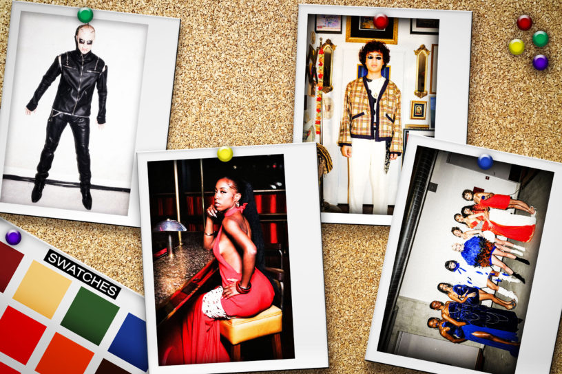 A illustration of four polaroid images on a corkboard, with various models wearing various outfits.