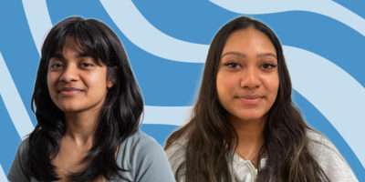 A headshot of Jazmyne Mohamed on the left and Fahmida Parvage on the right in front of a blue background with waves.