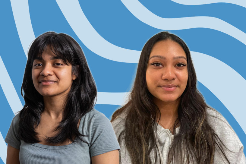 A headshot of Jazmyne Mohamed on the left and Fahmida Parvage on the right in front of a blue background with waves.