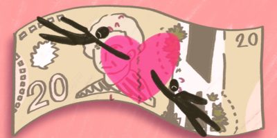An illustration of a $20 bill, with two silhouettes reaching towards each other in between a broken heart.