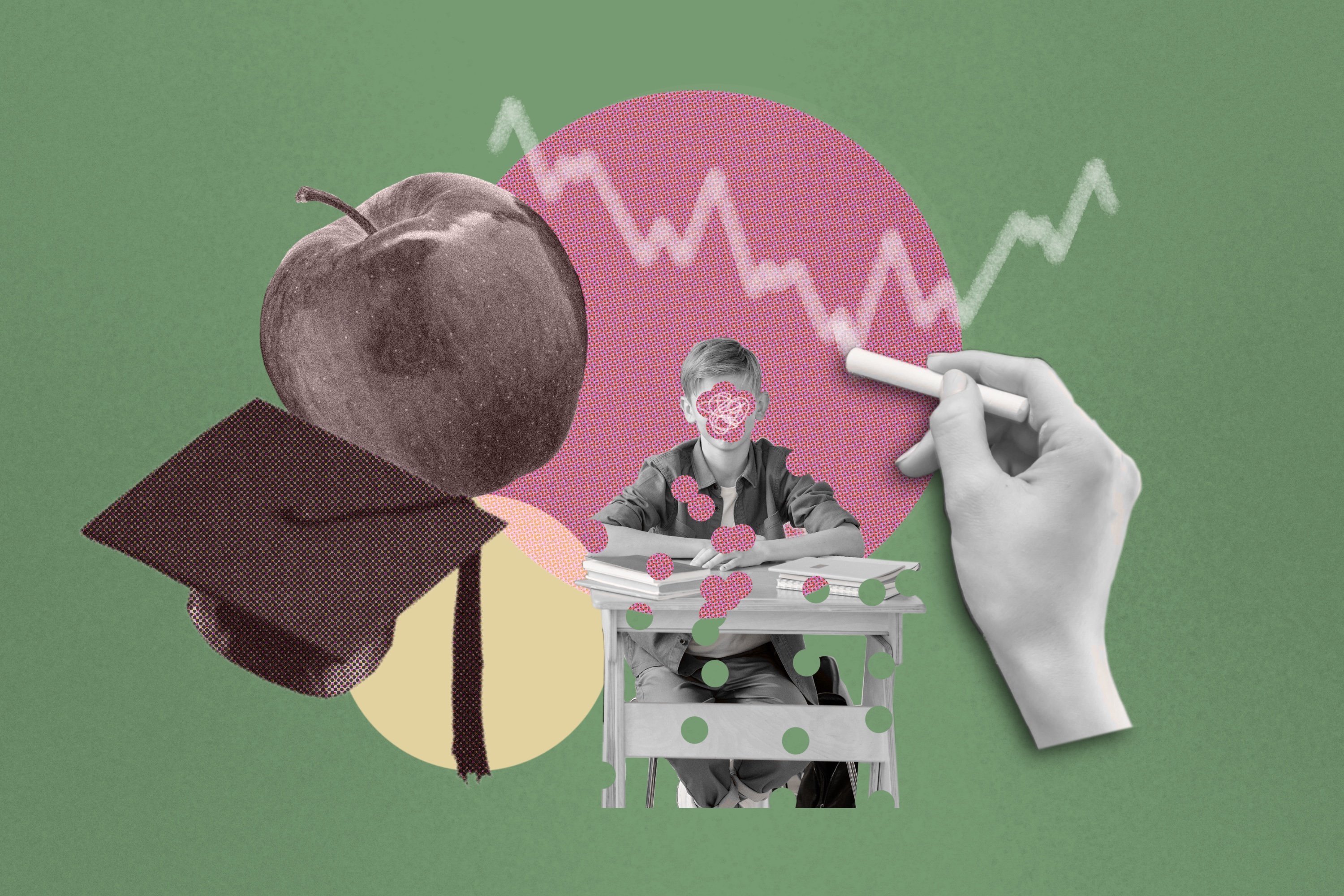 A graphic featuring various elements related to a classroom and education.