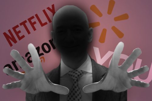 An image of a bald headed man with a shadow cast over him and arms outstretched, with various logos in the background.