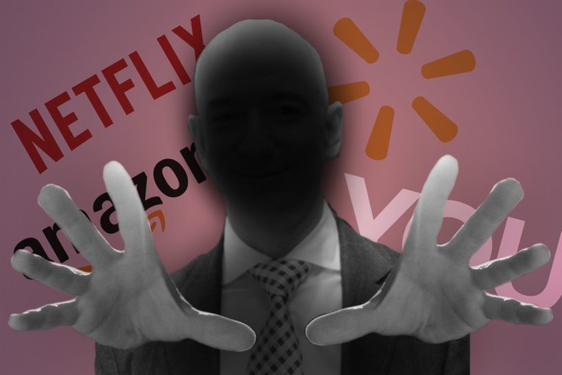 An image of a bald headed man with a shadow cast over him and arms outstretched, with various logos in the background.