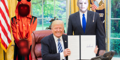 A composition of the devil, Donald Trump and Voldemort inside the White House. Donald Trump is holding up a document.