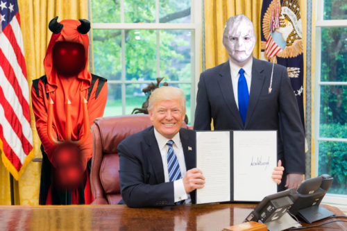 A composition of the devil, Donald Trump and Voldemort inside the White House. Donald Trump is holding up a document.