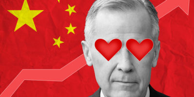 Graphic of Mark Carney with hearts over his eyes in front of the Chinese flag and an upward arrow.