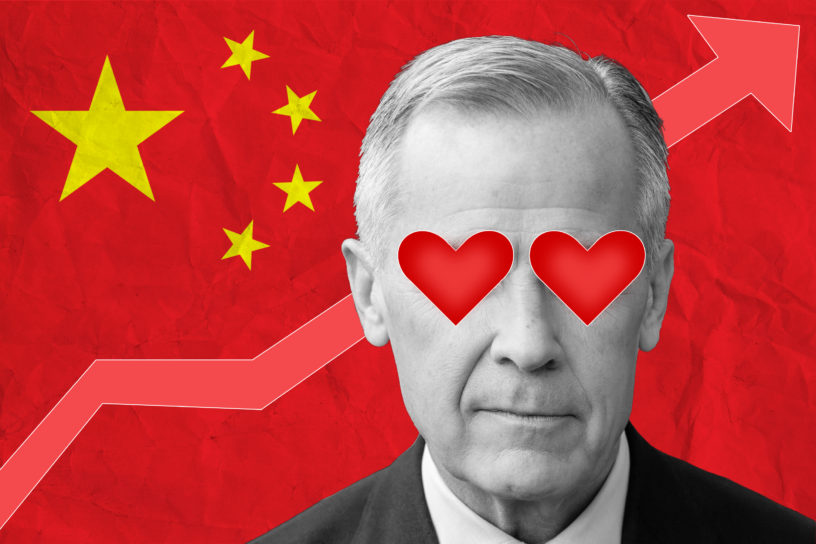 Graphic of Mark Carney with hearts over his eyes in front of the Chinese flag and an upward arrow.