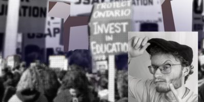 An image of an old man wagging his finger in front of an image of a protest.