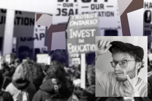 An image of an old man wagging his finger in front of an image of a protest.