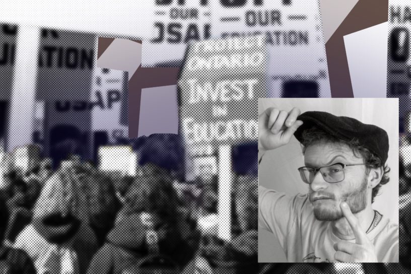 An image of an old man wagging his finger in front of an image of a protest.