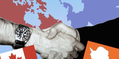 Two hands shake in front of an illustration of Canada and Antarctica.