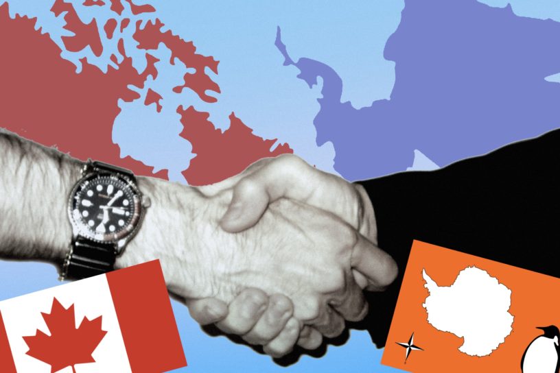 Two hands shake in front of an illustration of Canada and Antarctica.