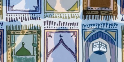 An illustration of various prayer mats and shadows looming over them