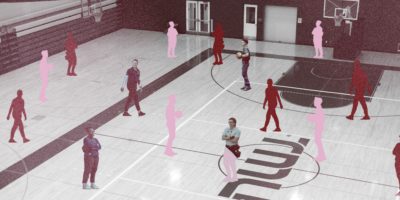 A photo illustration of Toronto Metropolitan University (TMU)'s basketball court with various silhouettes placed across the court.