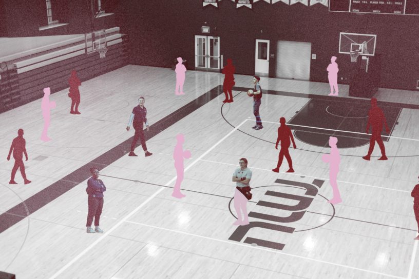 A photo illustration of Toronto Metropolitan University (TMU)'s basketball court with various silhouettes placed across the court.