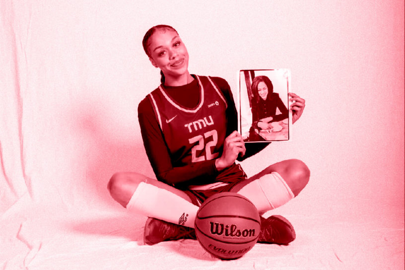 An image of Eternati Willock sitting down with a basketball and a photo on a white backdrop with a red hue over her.
