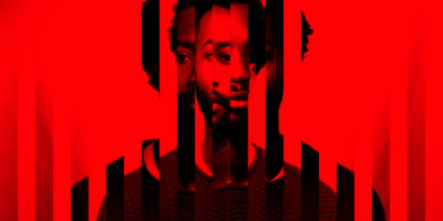 Photo of a man looking towards the camera, sliced into various red colored panels.