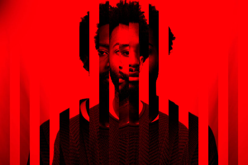Photo of a man looking towards the camera, sliced into various red colored panels.