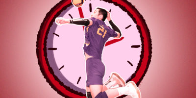 Photo of Bobby Tang spiking a volleyball in front of a red and pink background with an illustrated clock in the background.