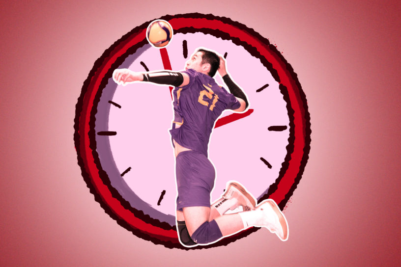 Photo of Bobby Tang spiking a volleyball in front of a red and pink background with an illustrated clock in the background.