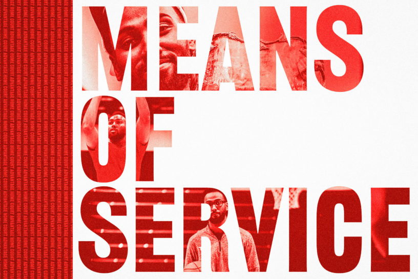 Photo composition of red text that reads "MEANS OF SERVICE" with images of Moustafa Youssouf inside of the text.