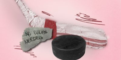 A photo illustration of a hockey stick, puck and ripped paper placed over a pink background.